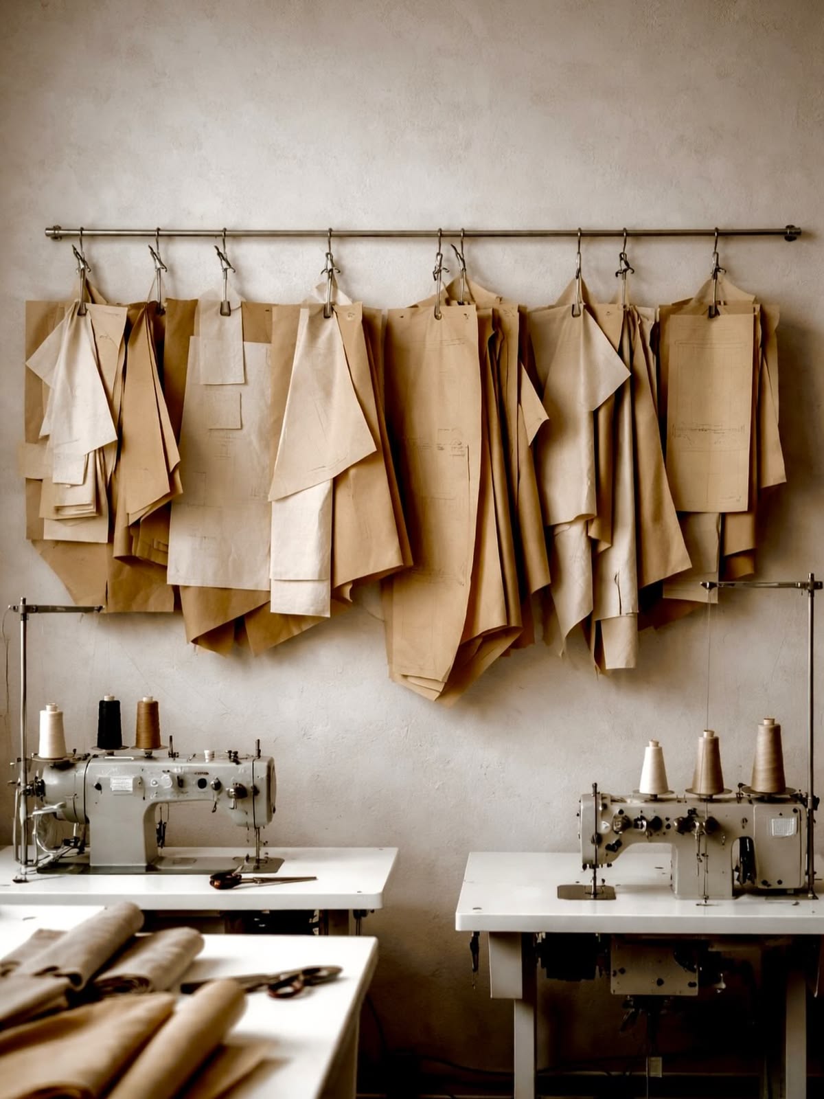 Sewing factory floor with industrial sewing machines